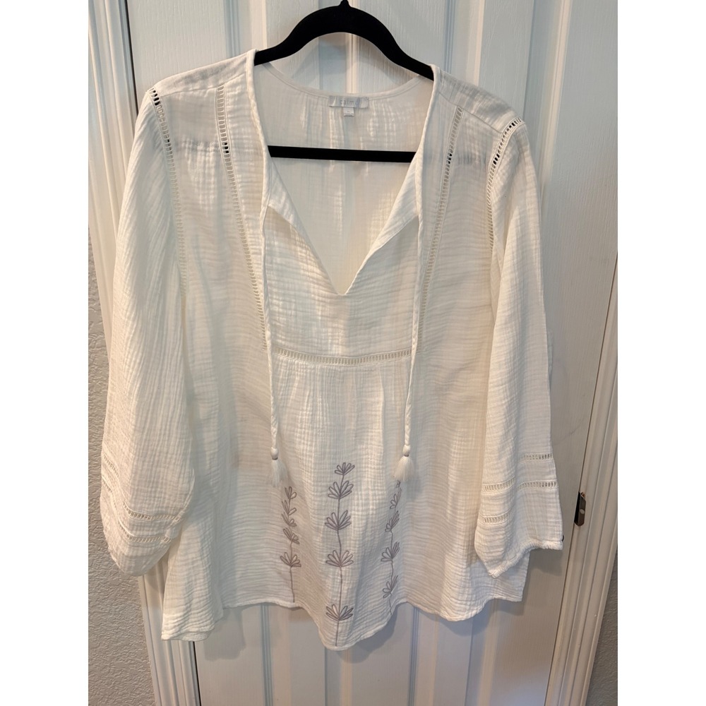 Calme Blouse White Organic Cotton Gauze Embroidered Boho Tassel Top XL